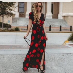 Sanctuary Red Roses Belted Maxi Dress V Neck Flutter Sleeves Front Slit Sz XS